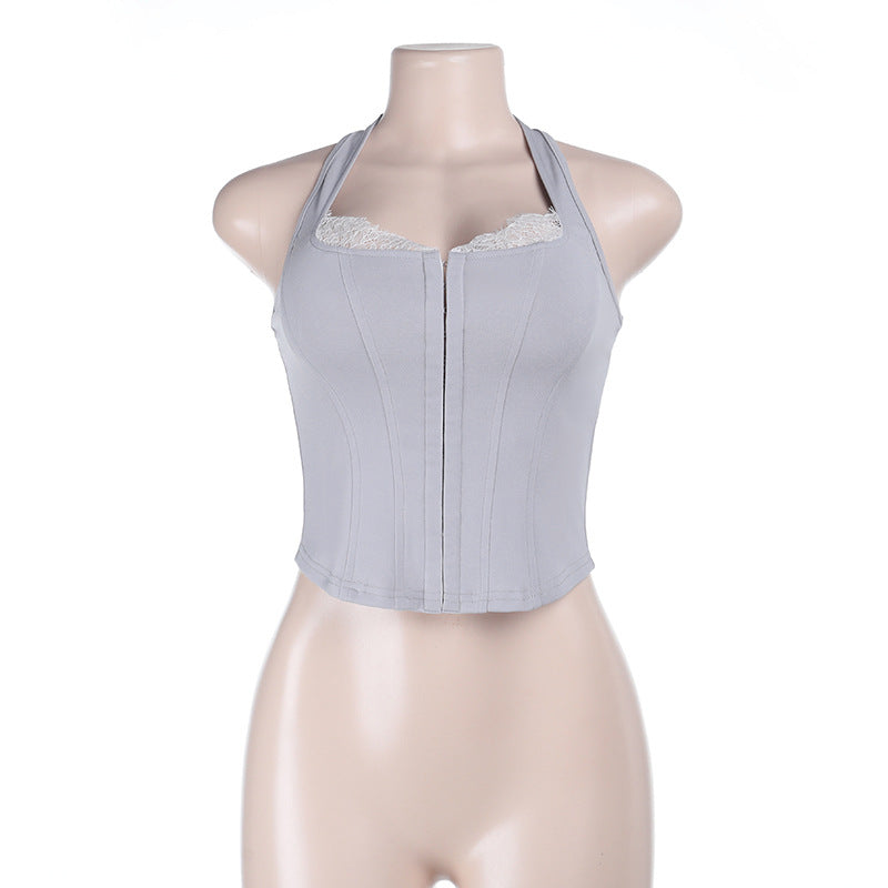 Slim Halter Corset Top with Lace Trim and Hook-and-Eye Front