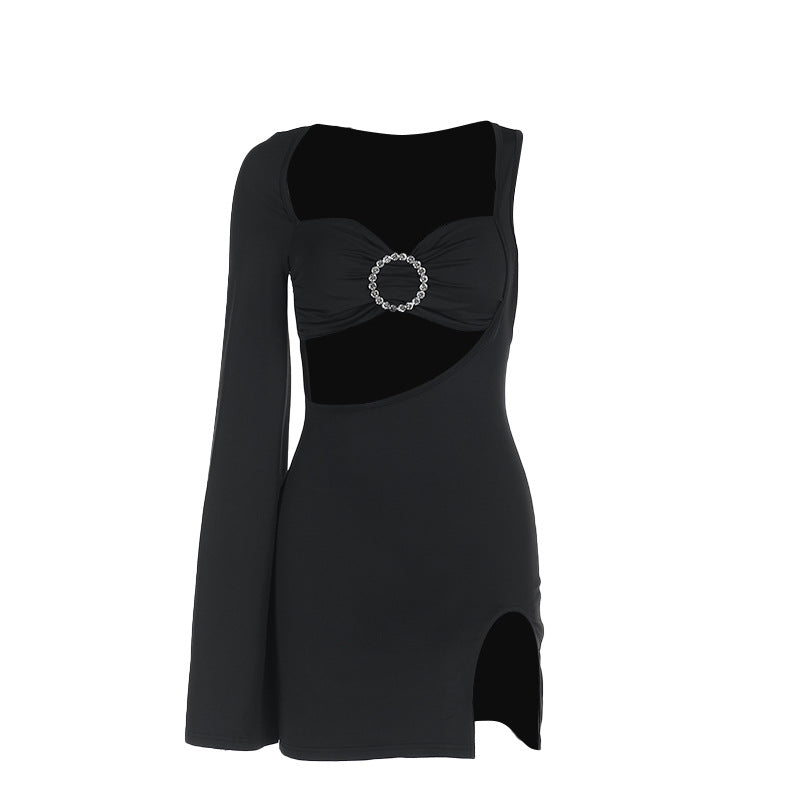 Hollow U-Collar A-Line Dress With Metal Buckle Black