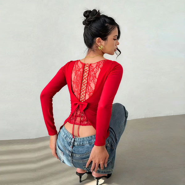 Slim Fit Long Sleeve Top with Lace-Up Back and Bow Detail
