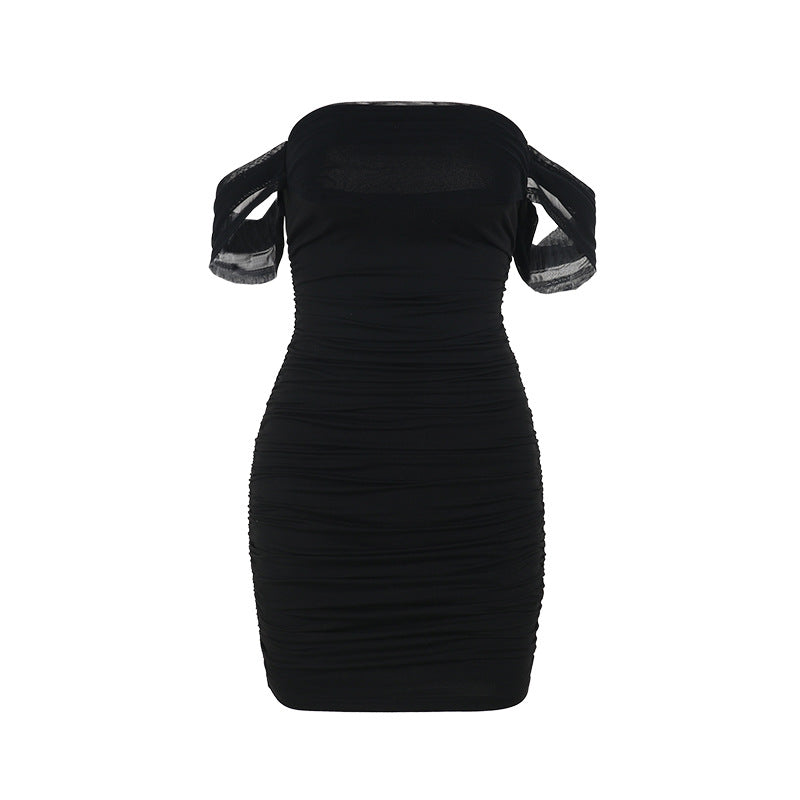 Elegant Pleated Mesh Stitching Shoulder Dress Black