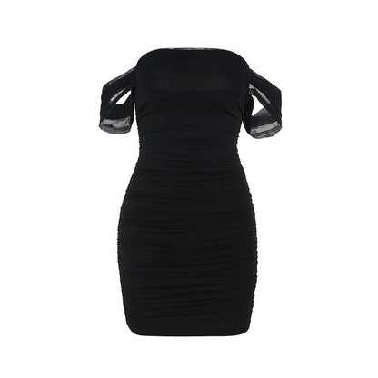 Elegant Pleated Mesh Stitching Shoulder Dress Black