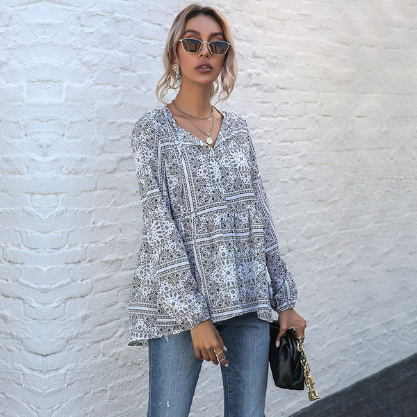 Loose Bandana Print Blouse with V-Neck and Tassel Ties