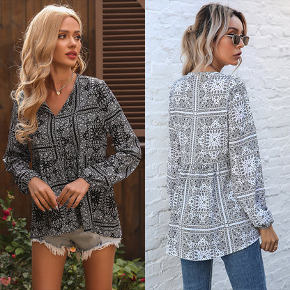 Loose Bandana Print Blouse with V-Neck and Tassel Ties