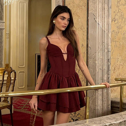 Backless V-Neck A-Line Midi Dress Solid Color Polyester