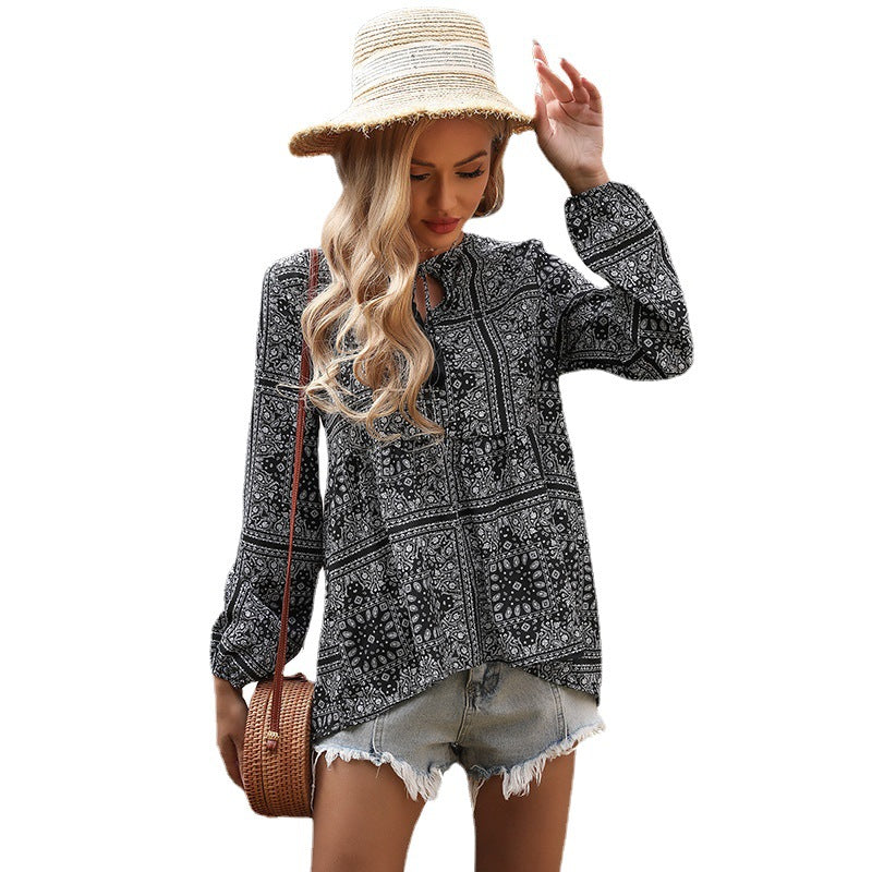Loose Bandana Print Blouse with V-Neck and Tassel Ties