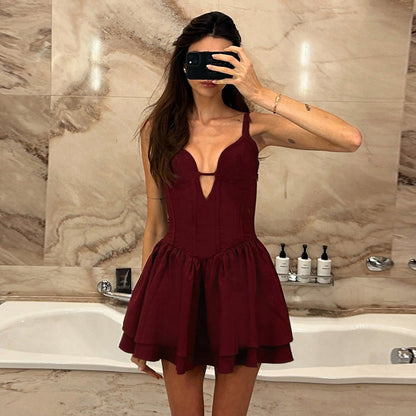 Backless V-Neck A-Line Midi Dress Solid Color Polyester
