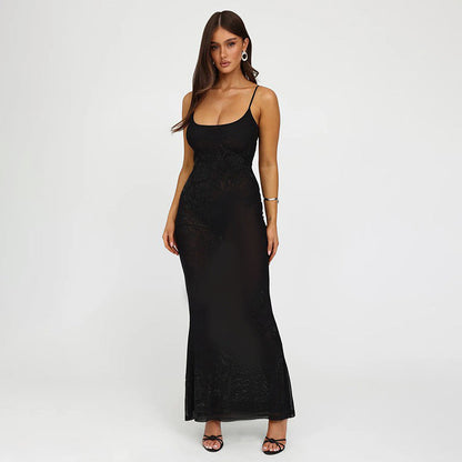 Elegant Slim-Fit Rhinestone Sling Long Dress Black