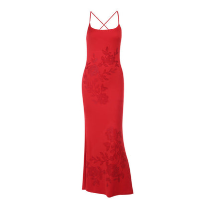 Elegant Slim-Fit Rhinestone Sling Long Dress Black
