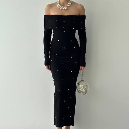 Pearl-Beaded Bodycon Maxi Dress with Off-Shoulder Neckline