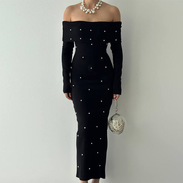 Pearl-Beaded Bodycon Maxi Dress with Off-Shoulder Neckline