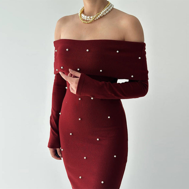 Pearl-Beaded Bodycon Maxi Dress with Off-Shoulder Neckline