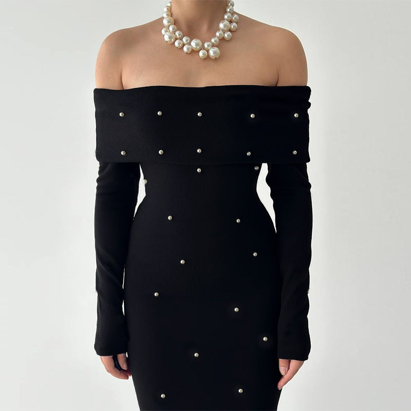 Pearl-Beaded Bodycon Maxi Dress with Off-Shoulder Neckline