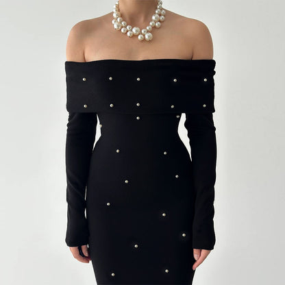 Pearl-Beaded Bodycon Maxi Dress with Off-Shoulder Neckline