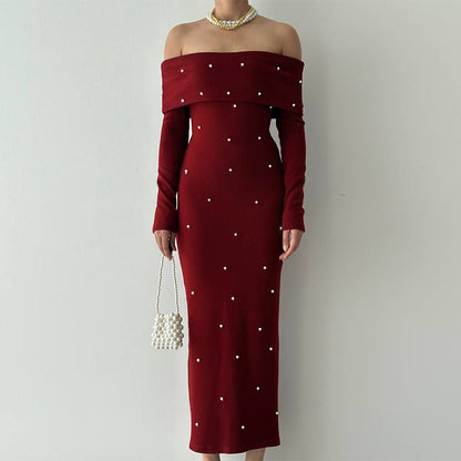 Pearl-Beaded Bodycon Maxi Dress with Off-Shoulder Neckline