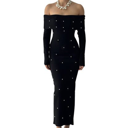 Pearl-Beaded Bodycon Maxi Dress with Off-Shoulder Neckline
