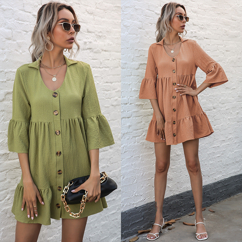 Button-Front Babydoll Mini Dress with Lapel and Horn Sleeves