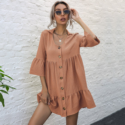 Button-Front Babydoll Mini Dress with Lapel and Horn Sleeves