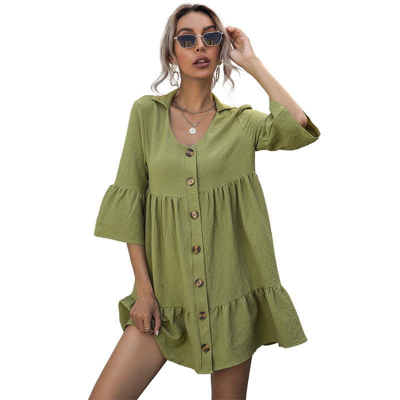 Button-Front Babydoll Mini Dress with Lapel and Horn Sleeves
