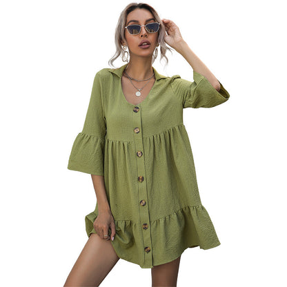 Button-Front Babydoll Mini Dress with Lapel and Horn Sleeves