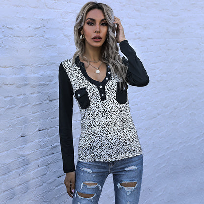 Slim-Fit Leopard Print Henley Top with Contrast Sleeves