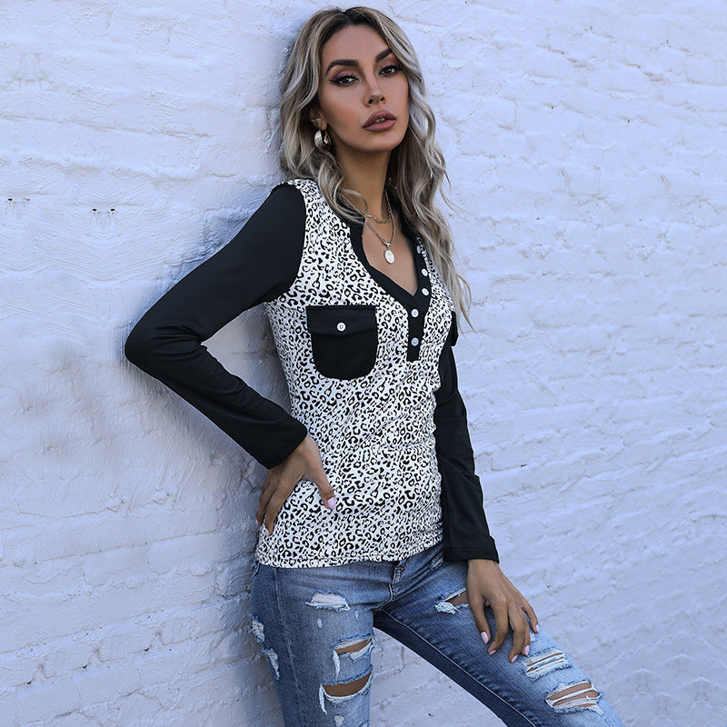 Slim-Fit Leopard Print Henley Top with Contrast Sleeves