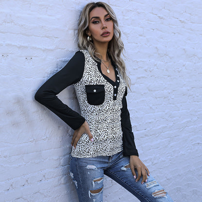 Slim-Fit Leopard Print Henley Top with Contrast Sleeves