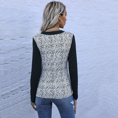 Slim-Fit Leopard Print Henley Top with Contrast Sleeves