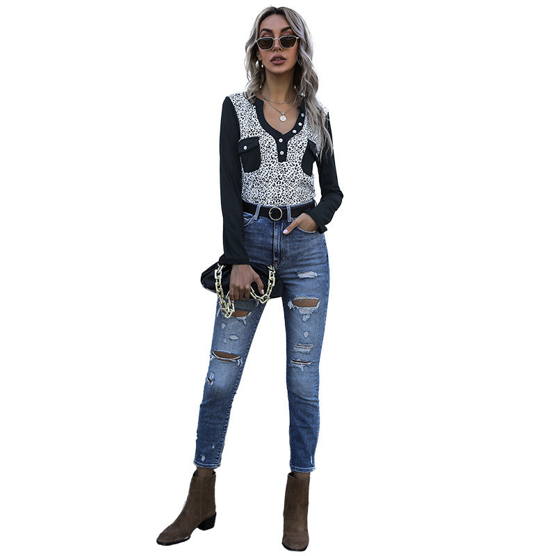 Slim-Fit Leopard Print Henley Top with Contrast Sleeves