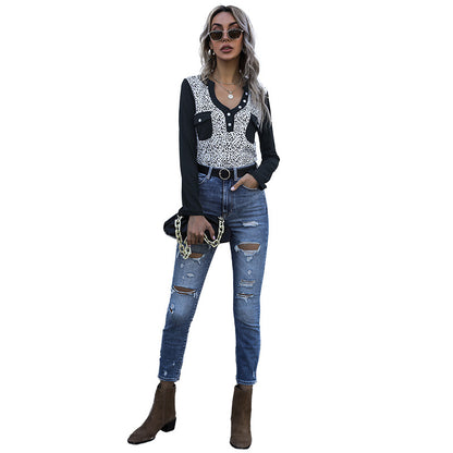 Slim-Fit Leopard Print Henley Top with Contrast Sleeves