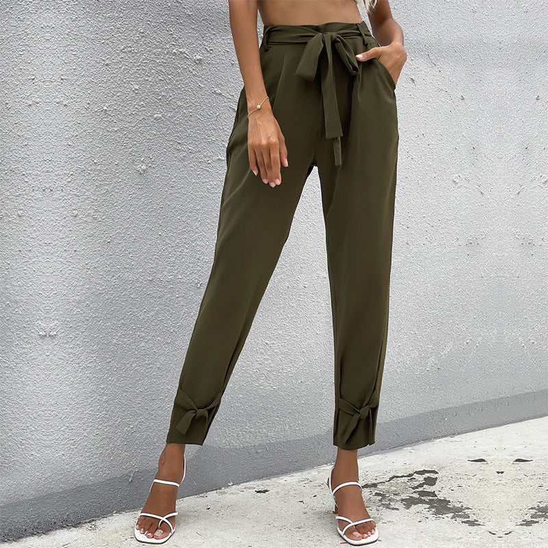 High-Waist Tapered Cropped Pants with Tie-Waist and Bow Cuffs