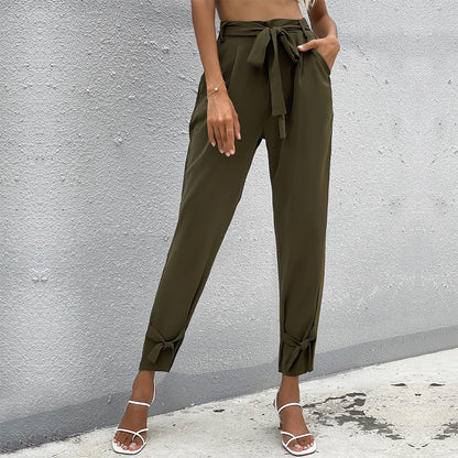High-Waist Tapered Cropped Pants with Tie-Waist and Bow Cuffs
