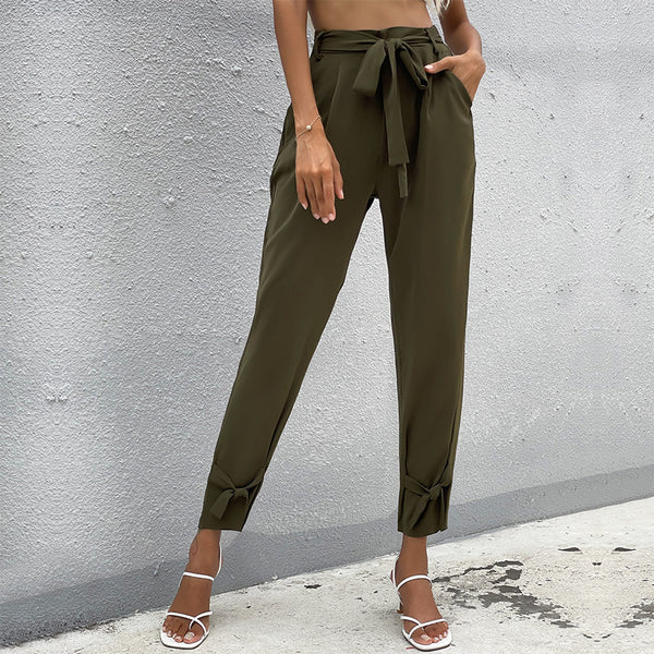 High-Waist Tapered Cropped Pants with Tie-Waist and Bow Cuffs