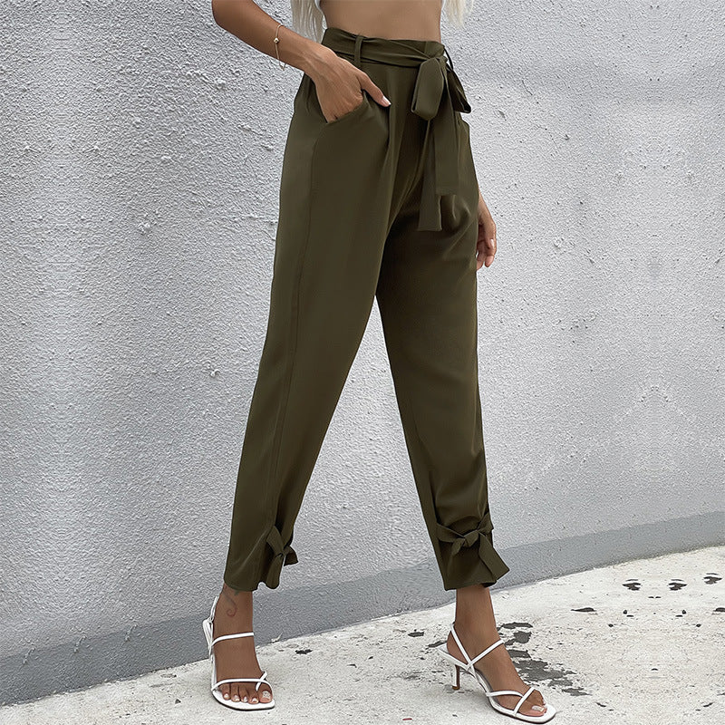 High-Waist Tapered Cropped Pants with Tie-Waist and Bow Cuffs