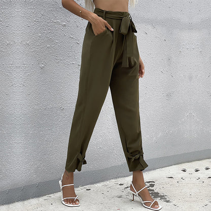 High-Waist Tapered Cropped Pants with Tie-Waist and Bow Cuffs
