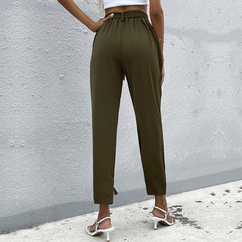 High-Waist Tapered Cropped Pants with Tie-Waist and Bow Cuffs