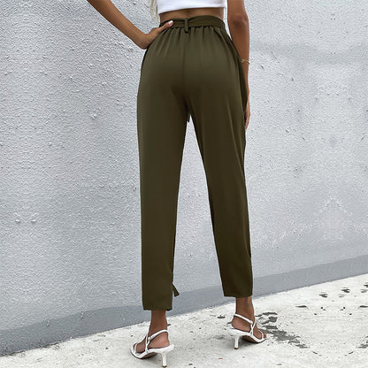 High-Waist Tapered Cropped Pants with Tie-Waist and Bow Cuffs