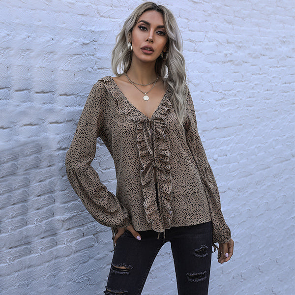 Leopard Print Chiffon Blouse with Ruffled V-Neck and Tie Front