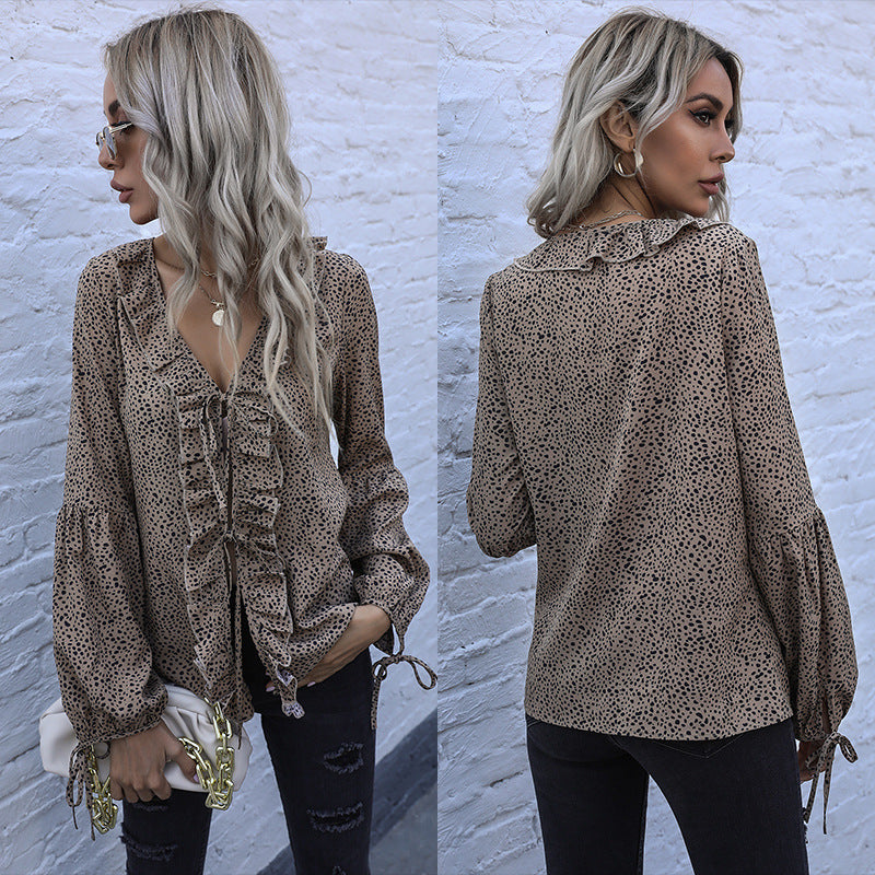 Leopard Print Chiffon Blouse with Ruffled V-Neck and Tie Front
