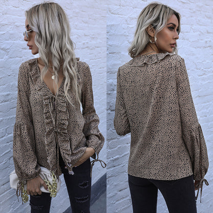 Leopard Print Chiffon Blouse with Ruffled V-Neck and Tie Front