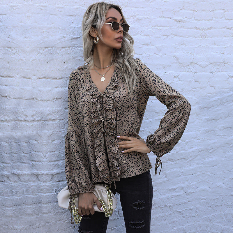 Leopard Print Chiffon Blouse with Ruffled V-Neck and Tie Front