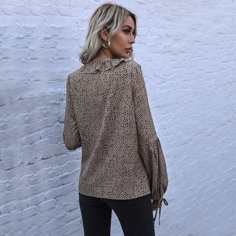Leopard Print Chiffon Blouse with Ruffled V-Neck and Tie Front