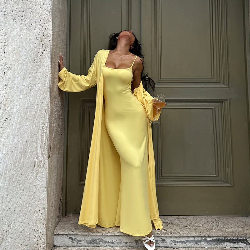 Solid Bodycon Maxi Dress and Long Cardigan Two-Piece Set