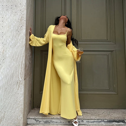 Solid Bodycon Maxi Dress and Long Cardigan Two-Piece Set