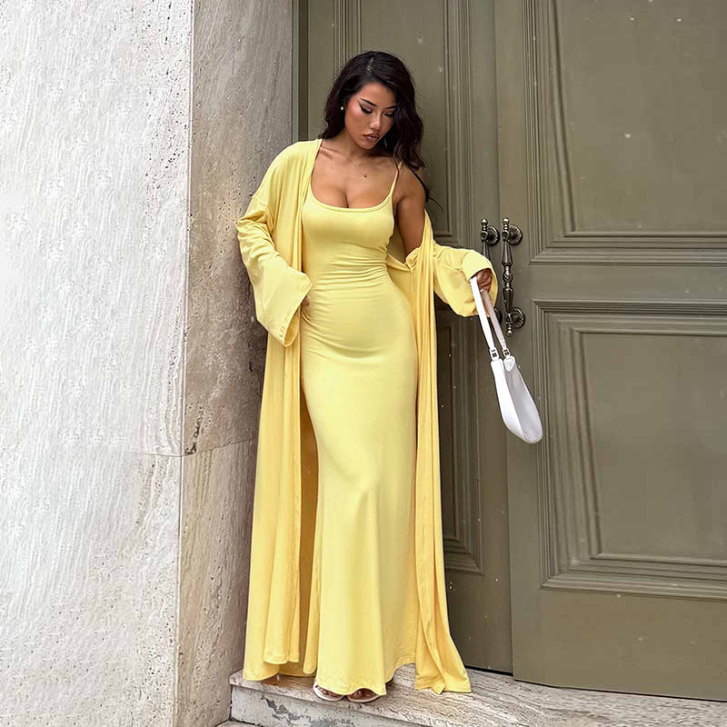 Solid Bodycon Maxi Dress and Long Cardigan Two-Piece Set