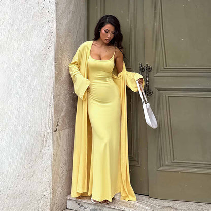 Solid Bodycon Maxi Dress and Long Cardigan Two-Piece Set