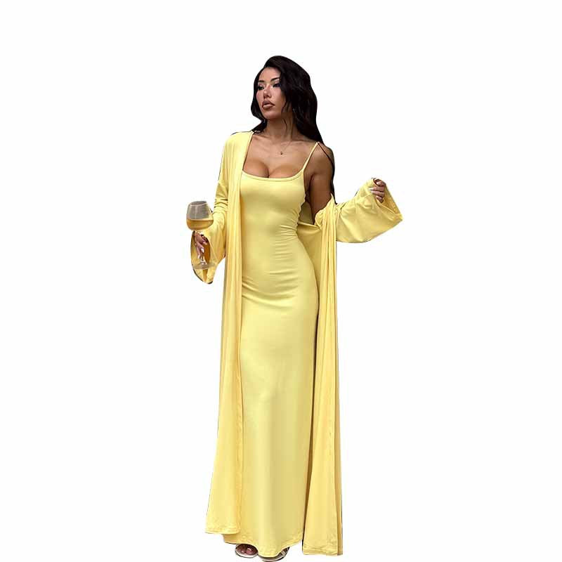 Solid Bodycon Maxi Dress and Long Cardigan Two-Piece Set