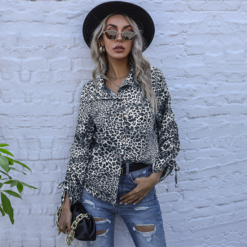 Loose Leopard Print Button-Down Shirt with Tie Cuffs