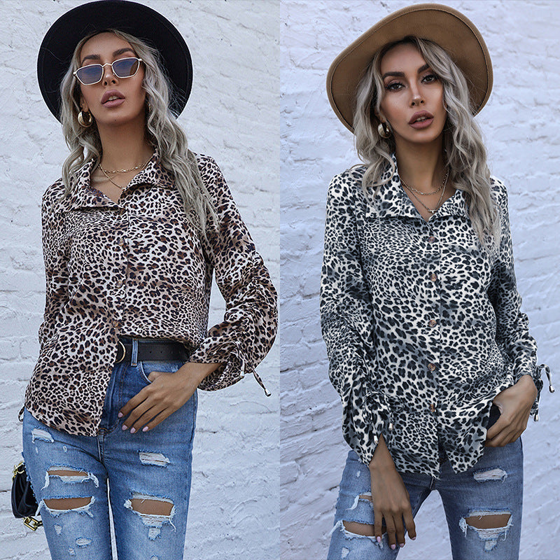 Loose Leopard Print Button-Down Shirt with Tie Cuffs