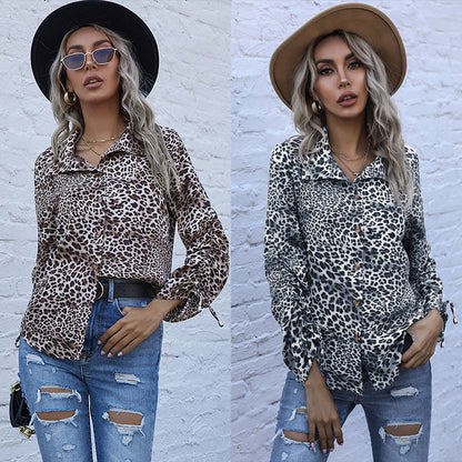 Loose Leopard Print Button-Down Shirt with Tie Cuffs