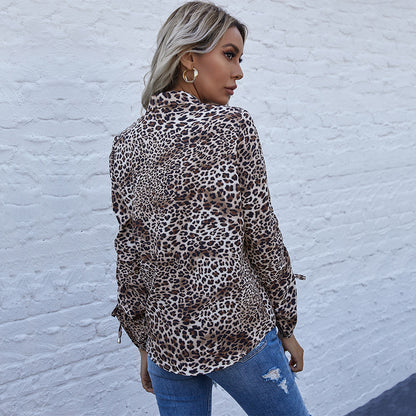 Loose Leopard Print Button-Down Shirt with Tie Cuffs